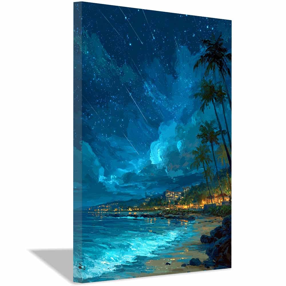 HOQIU Landscape wall art Tropical Night Skyline canvas art, art print, house decor, bedroom wall decor above bed, prints for living room.(Multicolor)-60x80cm Framed