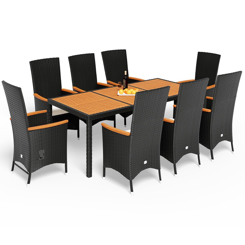 Casaria® Gartenmöbel Set 8 Stühle inkl. 7cm Auflagen mit Tisch 2X Verstellbare Lehne Outdoor Terrassenmöbel Polyrattan Wetterfest Holz Akazie Essgruppe Garten Balkon Lounge