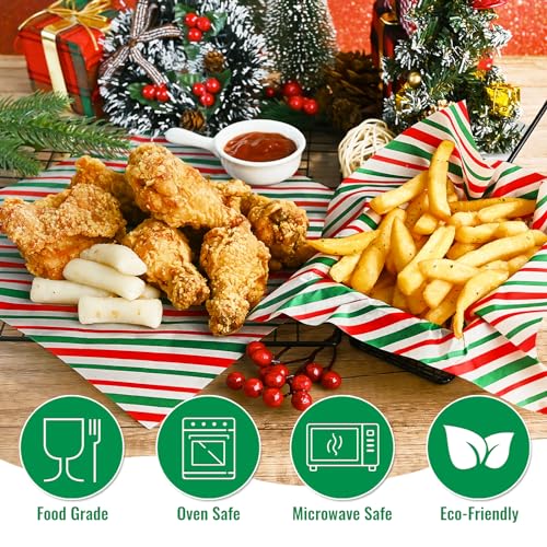 Ocmoiy 100 Sheets Christmas Wax Paper 10\" x 10\" Sandwich Wrapping Paper, Colored Decorative Deli Parchment Food Basket Liners for Wrapping Holiday Treats, Candy, Cookies (Green & Red Striped)