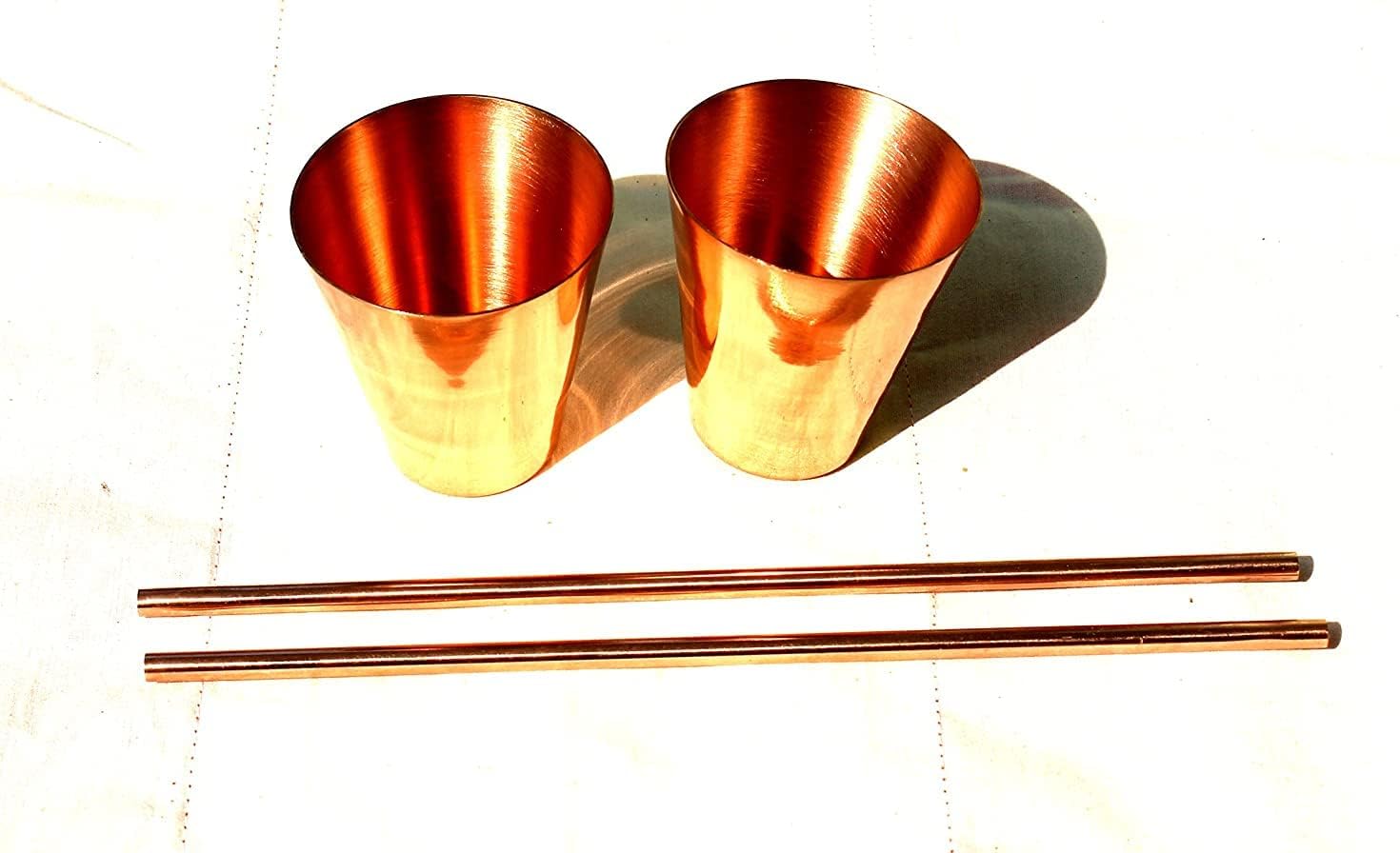 PARIJAT HANDICRAFT Set of 2 Copper Hammered Moscow Mule Mug Capacity-18 Ounce, Smooth Shot Glasses Capacity-2 Ounce, Drinking Straws with Tray, Set