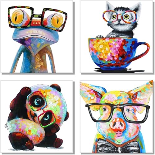Animal Picture Cool Wall Art Lazy Dog Cute Panda Happy Frog Pig Glasses Artwork Cartoon Images Canvas Oil Painting for Kids Room Office Home Decor(12"x 12"x 4 Panels Framed)