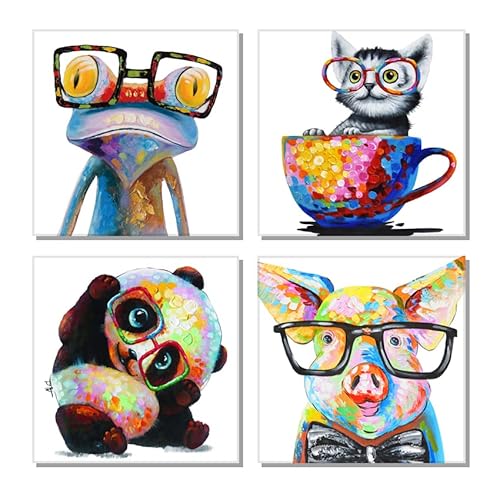Animal Picture Cool Wall Art Lazy Dog Cute Panda Happy Frog Pig Glasses Artwork Cartoon Images Canvas Oil Painting for Kids Room Office Home Decor(12"x 12"x 4 Panels Framed) Animal Picture Cool Wall Art Lazy Dog Cute Panda Happy Frog Pig Glasses Artwork Cartoon Images Canvas Oil Painting for Kids Room Office Home Decor(12"x 12"x 4 Panels Framed)