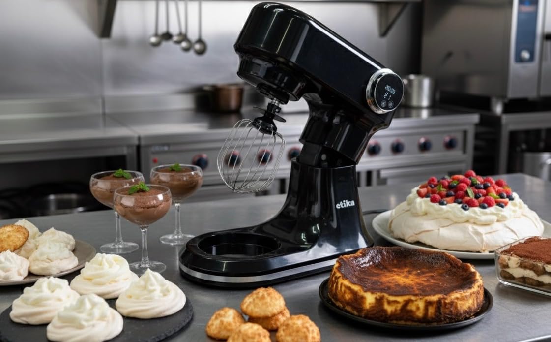 Etika Robot Kuchenny ET24, Czarny, 5 l, 1500 W, 12 Prędkości, z Wagą, Funkcja PULSE, Hak, Mieszadło, Trzepak