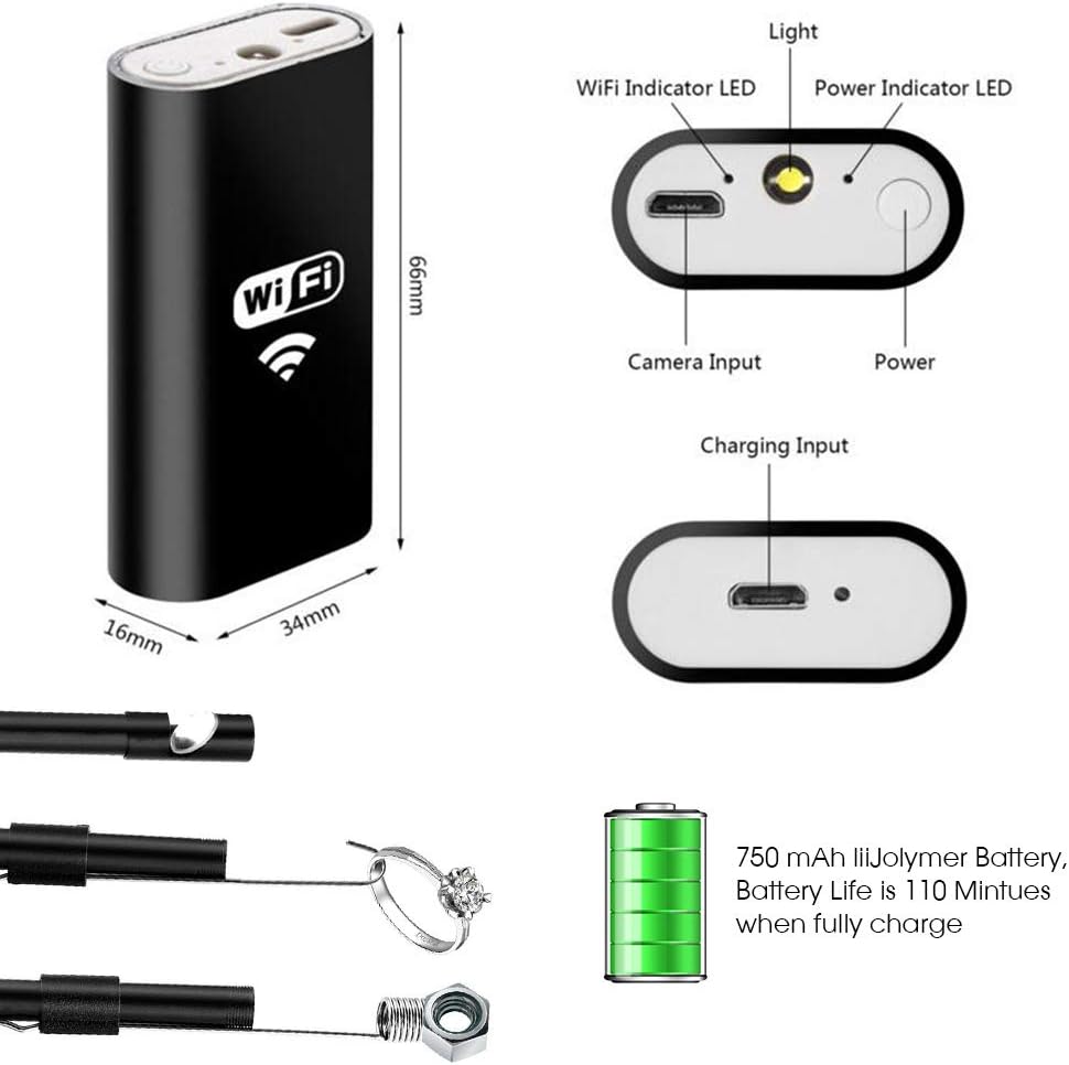Wireless Endoscope WiFi Inspection Camera USB Endoscope 2.0MP HD Borescope 2 in 1Flexible Snake Camera Waterproof Tube Drain Pipe Camera with 8 Led for iOS Samsung Android iPhone Windows-16.4ft(5M)