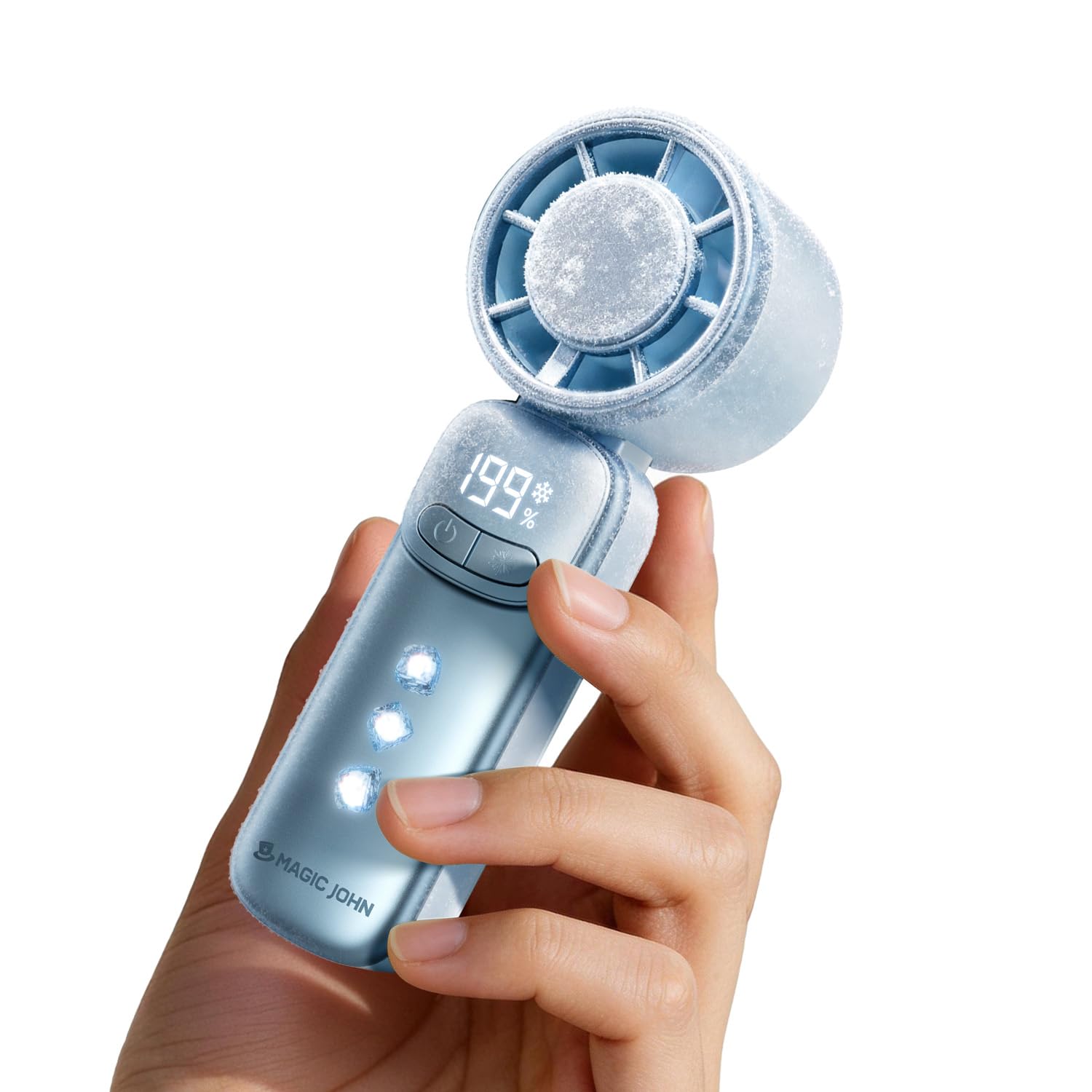 MAGIC JOHN Mini Handventilator mit Kühlung | 199 Lüfterstufen, bis zu 11h Laufzeit, USB-C Akku aufladbar, nur 139g, Camping & Reise zubehör