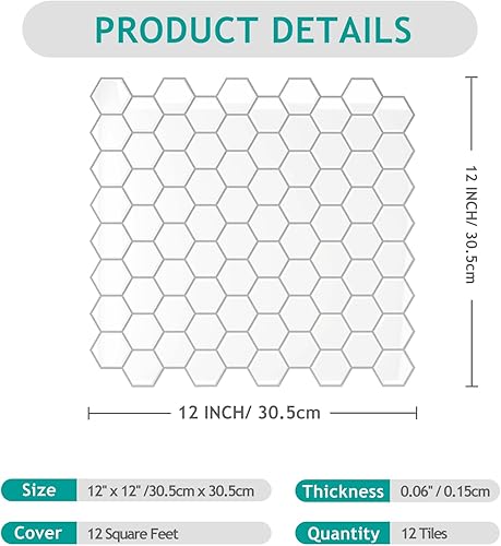 Miniatura 10 de VEELIKE Azulejos hexagonales blancos para salpicaduras de pared, 6 hojas para pegar en el protector contra salpicaduras para cocina, azulejos de
