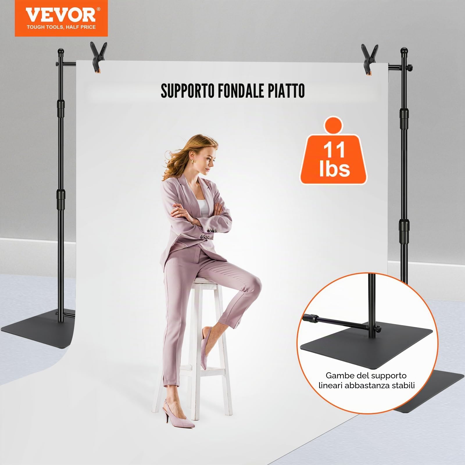 VEVOR Supporto Fondale Fotografico 3048 x 3048mm Kit Supporto per Fondale Fotografico Regolabile Base in Acciaio al Carbonio con 6 Morsetti Borsa da Trasporto, Supporto per Sfondo Fotografia in Studio