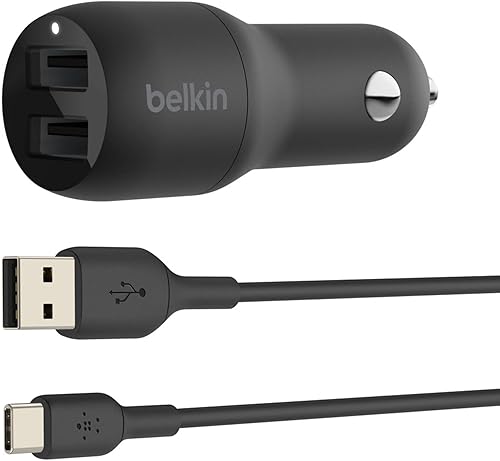 Belkin Cargador de coche USB dual de 24 vatios - 2 puertos USB A de 12 W con cable USB-C para carga rápida Apple iPhone 14, 14 Pro, 14 Pro Max,