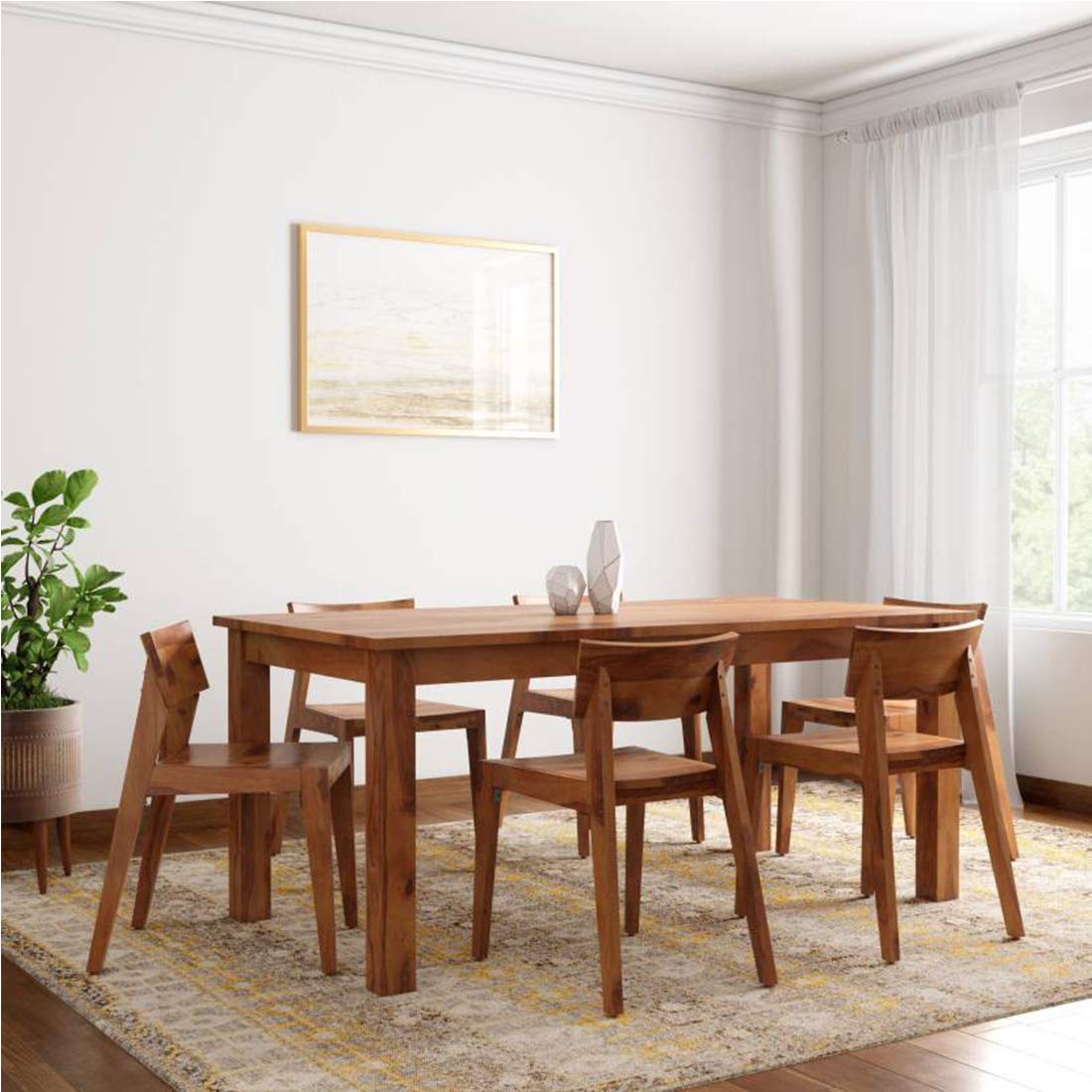 Jangid Handicraft Wooden 6 Seater Dining Table | Solid Sheesham Wood Six Seater Dinning Table with 6 Chairs for Living Room | Dining Room Sets | Kitchen Dining Set for Home | Natural Brown Finish