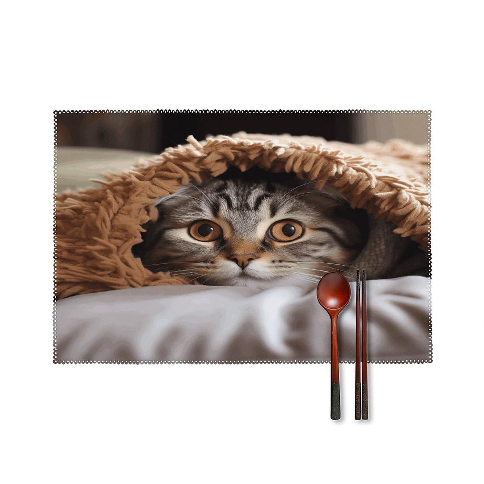 Cat Under Blanket Placemats Set of 4 Canvas Washable Cloth Place Mats Wipeable Heat Resistant Table Mats Elegant Cloth Placemat for Kitchen Dinning Party Table Decor 12" X 18"