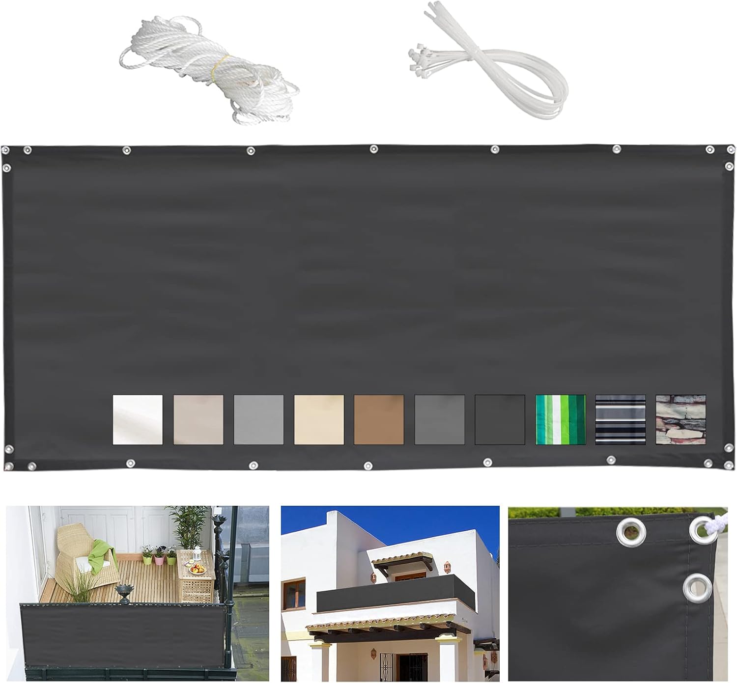 Balcony Privacy Screen 100x170cm Dark Gray Mesh Windscreen for Garden Fence Outdoor Shield Cover with Cable Ties and Rope Anti Fading Privacy Protection