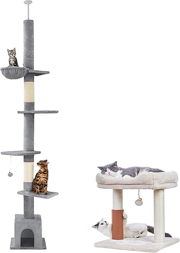 Meow Sir - Árbol para gatos 4 en 1 para piso a techo, torre para espacios pequeños y techo de 7 a 9 pies con condominio para gatos y poste cubierto