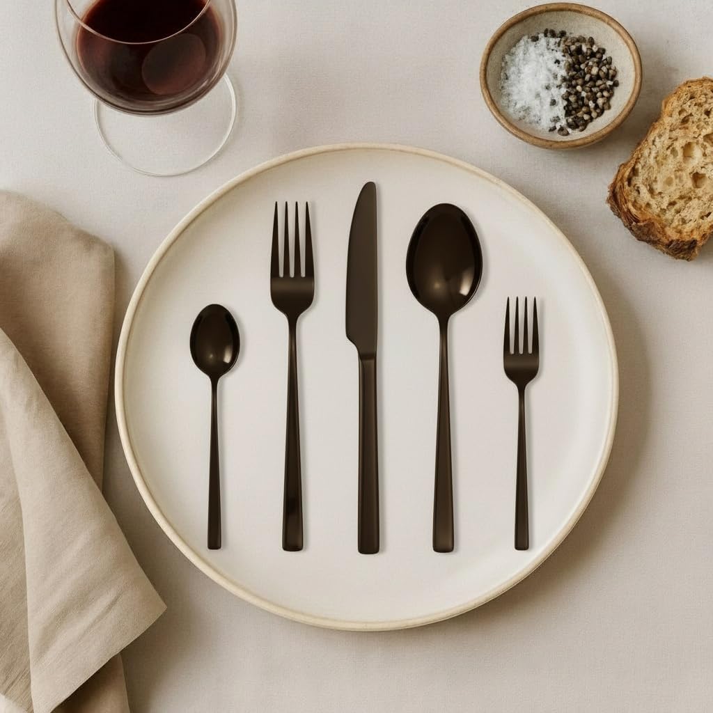 Oxford Silverware Set, 30 Piece Black Flatware Matte Stainless Steel, Service for 6, for Kitchen, Home, Wedding, Party, Mirror Polished Dishwasher Safe