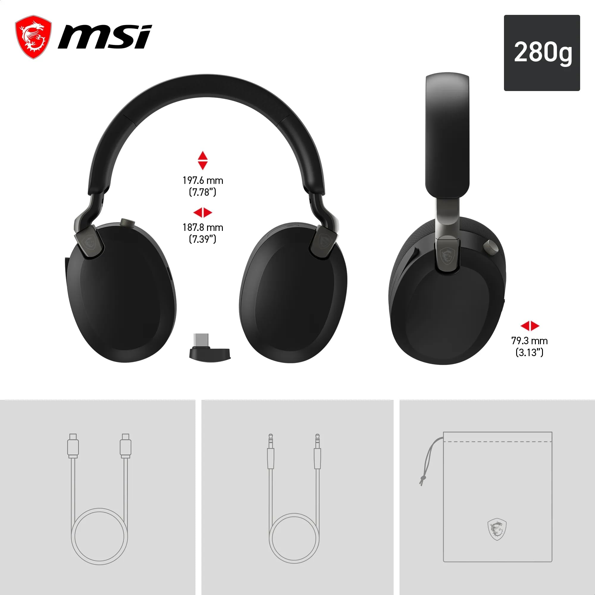 MSI Maestro 500 Wireless Auriculares Gaming Inalámbricos Negro (Bluetooth 5.4, 2.4GHz USB-C, Cancelación de Ruido Activa ANC, Batería hasta 90h, Micrófono con Cancelación ENC, Audio Nahimic 3D)