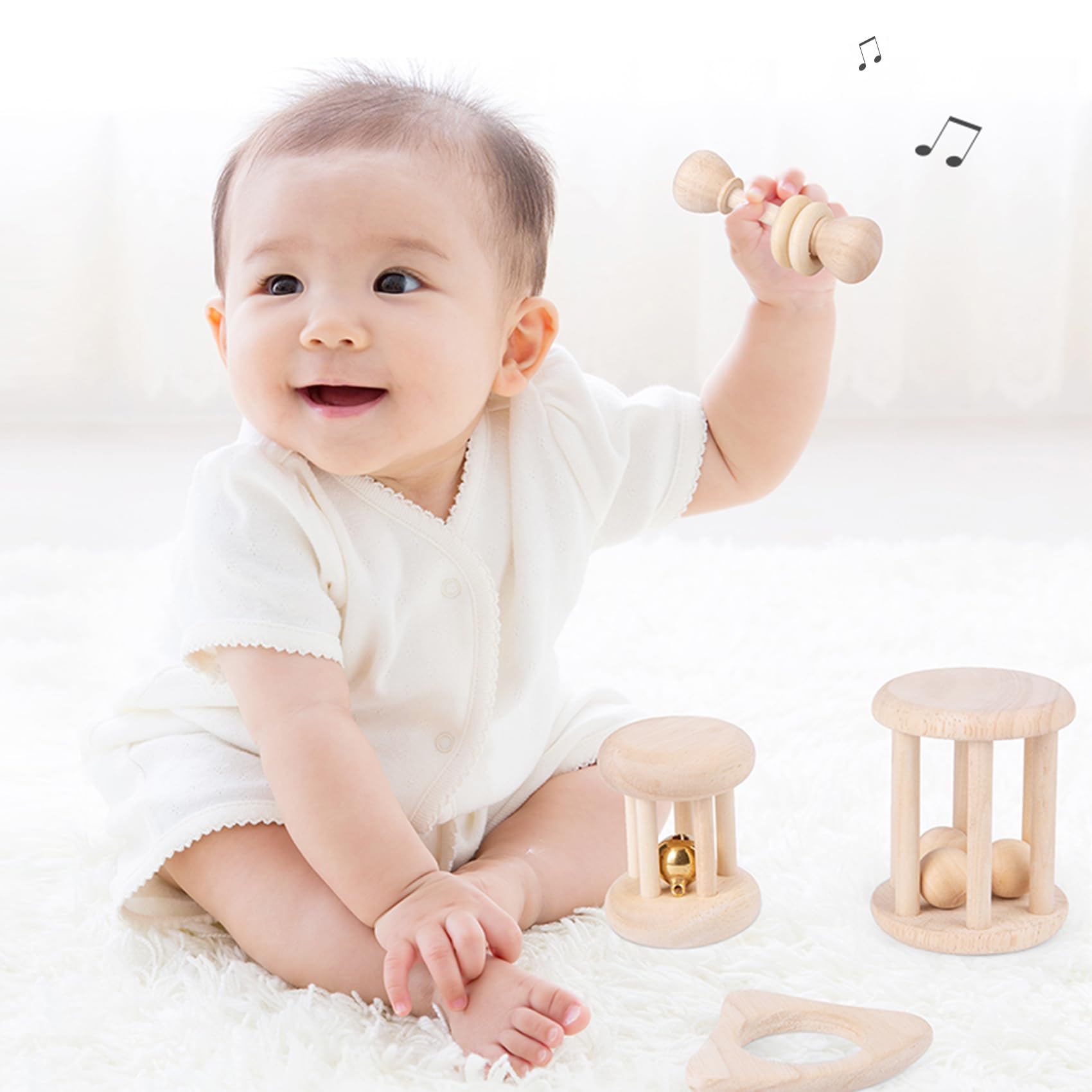 4PCS Baby Wooden Toy,Wooden Rattle Toy,Wooden Montessori Toy for Newborn
