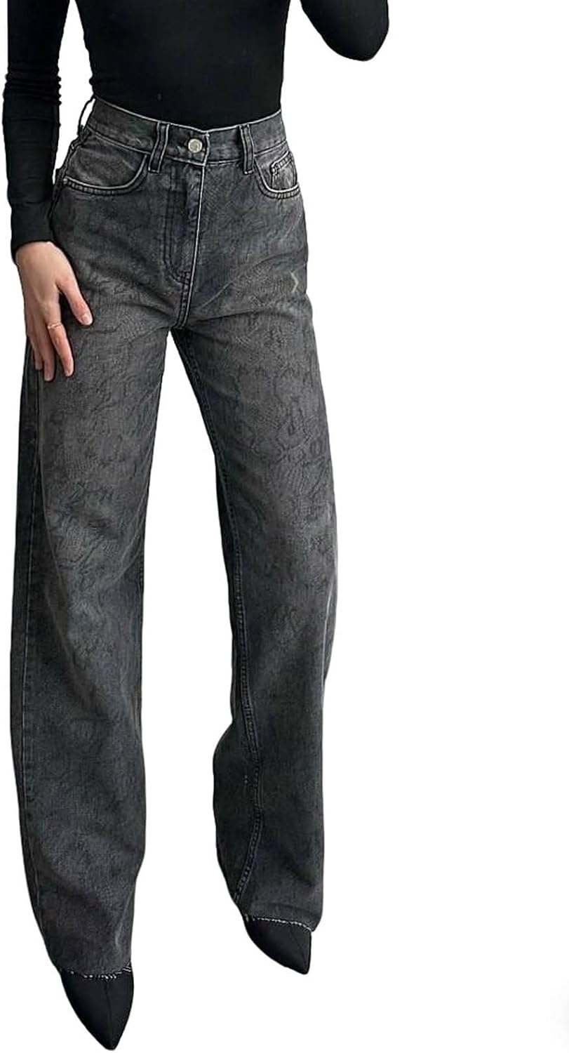 utcoco Women's High Waisted Wide Leg Jeans Vintage Washed Patterned Straight Baggy Denim Pants