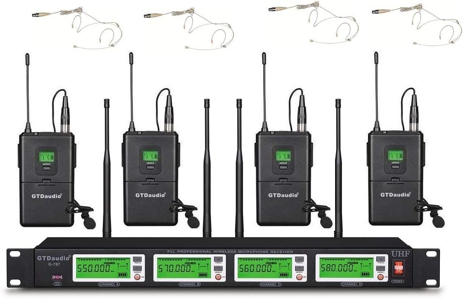 4x800 Adjustable Channels UHF Diversity Wireless Cordless Microphone System with 4 Bodypacks, 4 Beige Headsets & 4 Lapels Mics, Range 450 ft, (8 Mics)