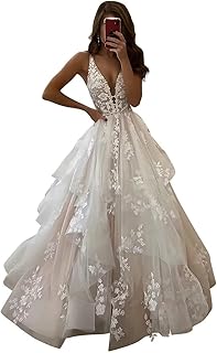 Boho Tulle Wedding Dresses Lace Applique A Line Long Beach Bridal Gown w...