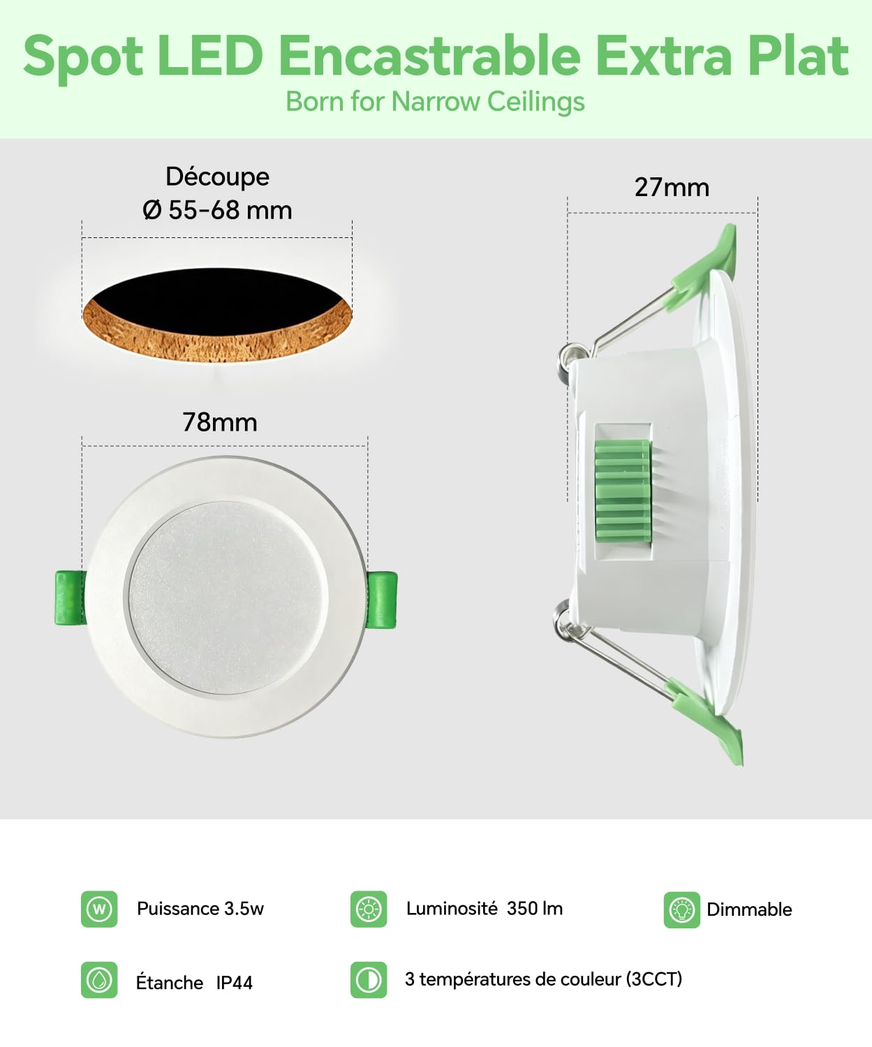 LED Einbaustrahler 230V Dimmbar Extra Flach, 3CCT 2700K/4000K/6000K, 3.5W 350LM LED Spots, IP44 für Badezimmer, Lochmaß 55-68mm, Ø78mm Einbauspots für Badezimmer Küche, 12er Set.