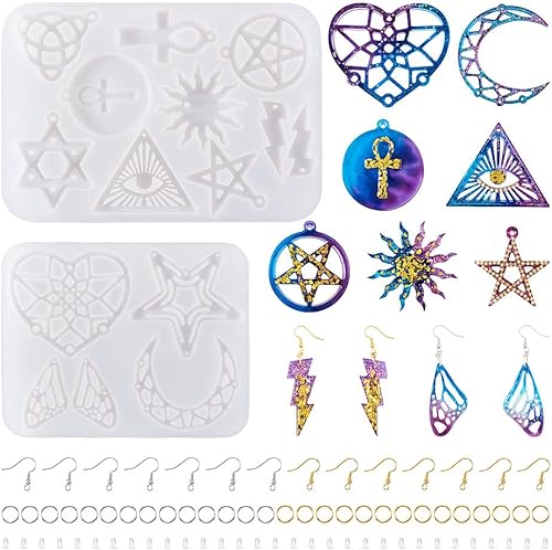KISSITTY Moldes de silicona con colgante de corazón y luna y luna para mujeres y niñas, aretes de temática celestial, moldes de fundición de resina