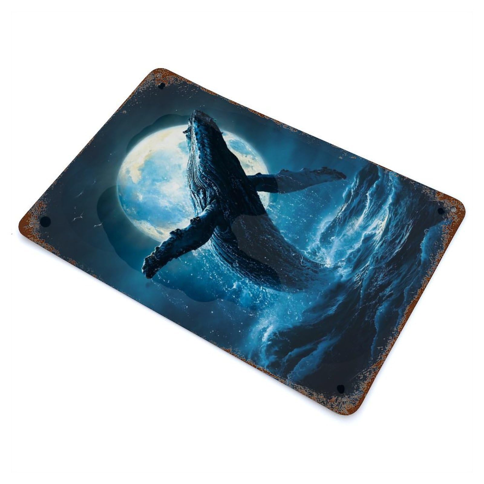 Aged Metal Wall Plaque with Whale Breach, Moonlight Ocean Design 11.8"x7.9", for Cafe, Home Bar And Lounge Decor, Novelty Wall Decor