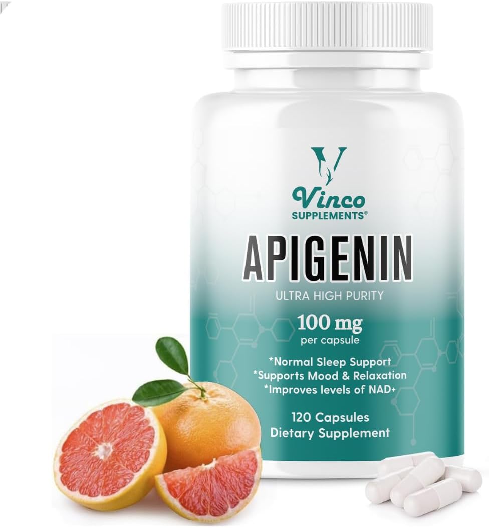 Vinco Apigenin 100mg Supplement - 120 Sleep Capsules for Better Relaxation, 99%+ Pure Natural Formula - NAD Booster, Apigenin Sleep Supplements, Natural Sleep Aid for Adults - Made in the UK