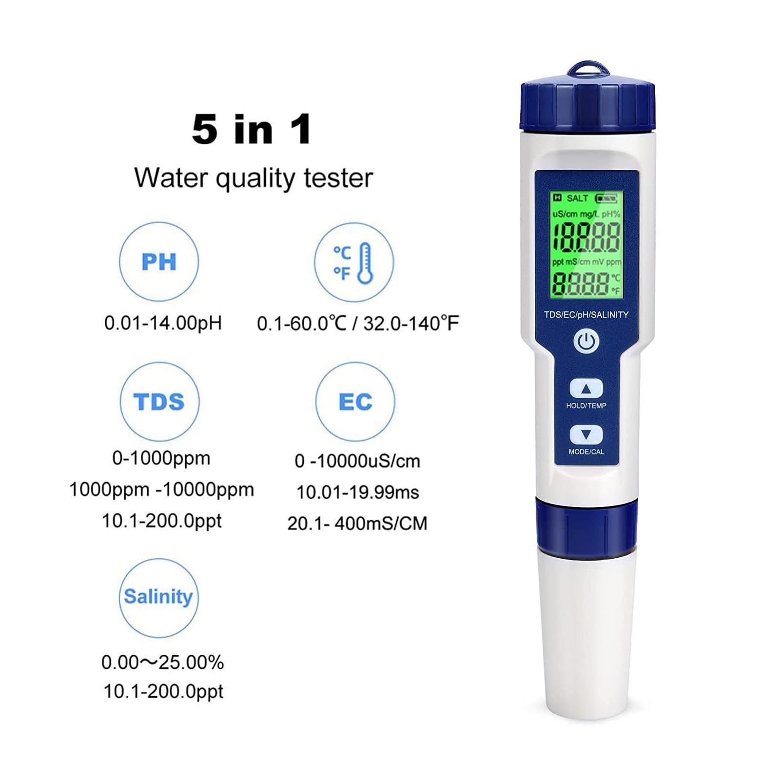 Testeur d'eau PH-mètre Numérique 5 en 1 Testeur De Qualité l'eau PH/TDS/EC/salinité/mètre Température for Aquarium, Spas, Eau Potable Polyvalent Précis Facile