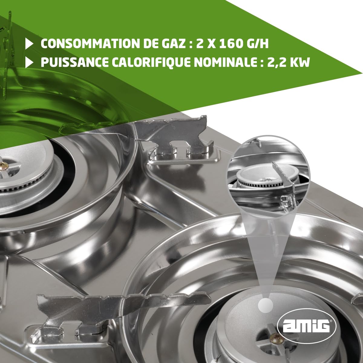 Amig - Réchaud de Camping CAMP02 - Cuisine Portable - 2X Brûleurs - Inclut Plancha - Grille en Fonte - Acier Inoxydable - Puissance 2,2 kW x 2 - Compatible avec Cartouches B-250