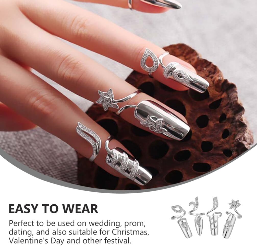 FRCOLOR 8 Pack Silver Nail Rings Rhinestones Fingernails Rings Fashion Retro Finger Tip Nail Protecting Opening-Rings Decoration Jewelry Fingernail Decorations for Women Lady Girls