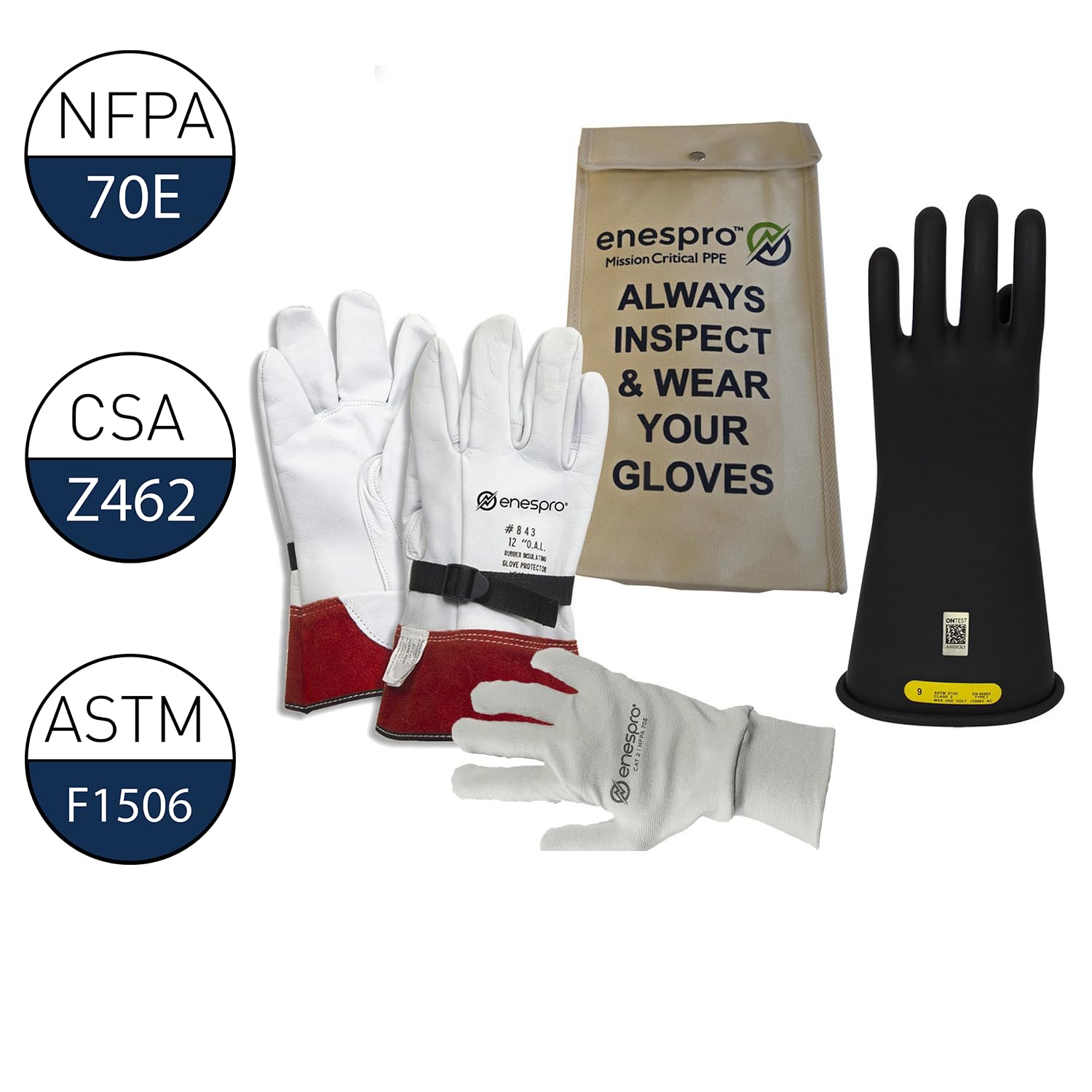 Enespro Class 2 Black Rubber Voltage Insulating Glove Premium Kit with FR Knit Glove and Leather Protectors, Max. Use Voltage 17,000V AC/ 25,500V DC (KITGC210AG)
