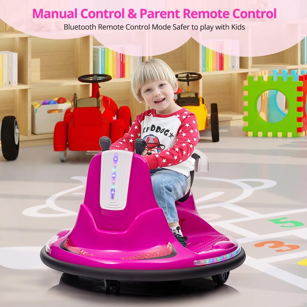 A child operating the pink bumper car, with an inset showing the remote control, illustrating both manual and parent remote control modes.