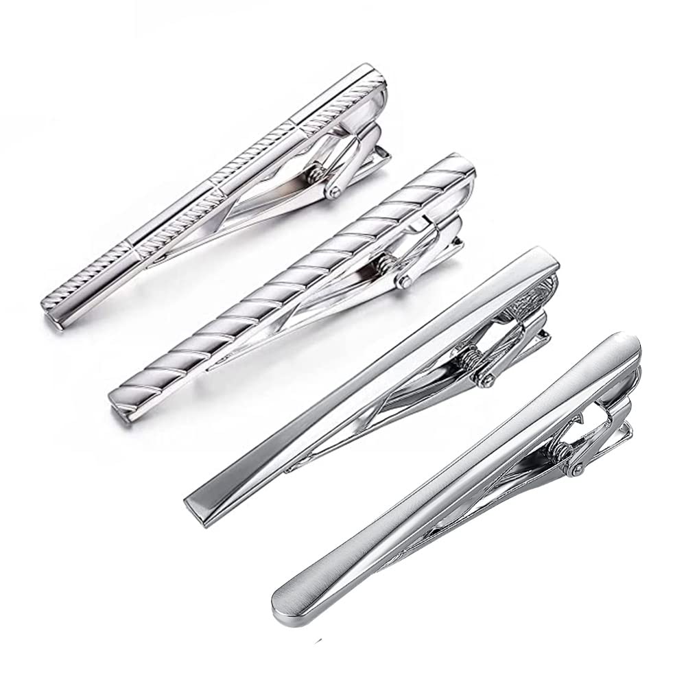 RunootPR Classic Silver Tie Clip Set for Men 4Pcs Regular Tie Bars Business Wedding Holiday Jewelry