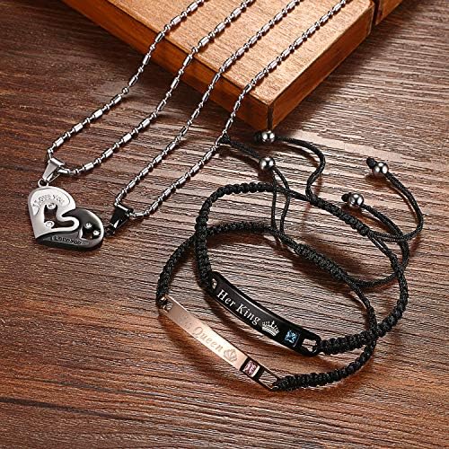 Cupimatch 2 Pairs Couple Matching Necklace Bracelets Set, Stainless Steel Adjustable I Love You Heart Puzzle Necklace His and Hers Bracelets Her King His Queen CZ Relationship Bangle
