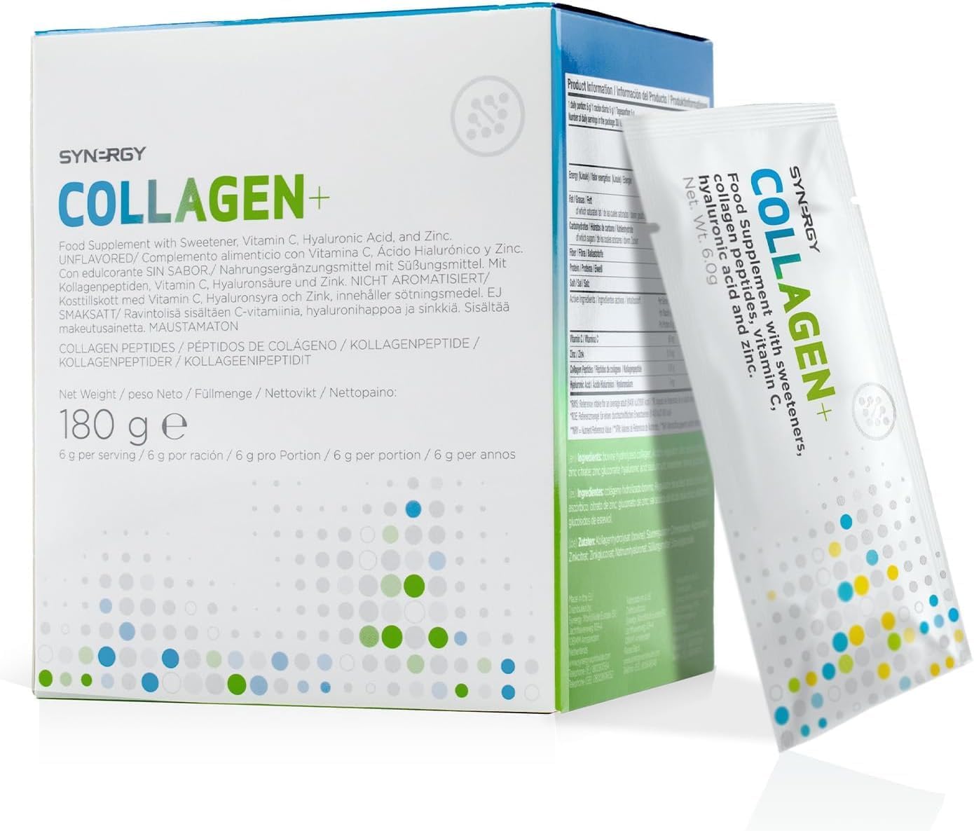 Collagen+ | 30 doses met 5810 mg collageen met vitamine C, hyaluronzuur, zink | Ondersteunt de collageenproductie en versterkt huid, haar, nagels, gewrichten | Neutrale smaak | 180g