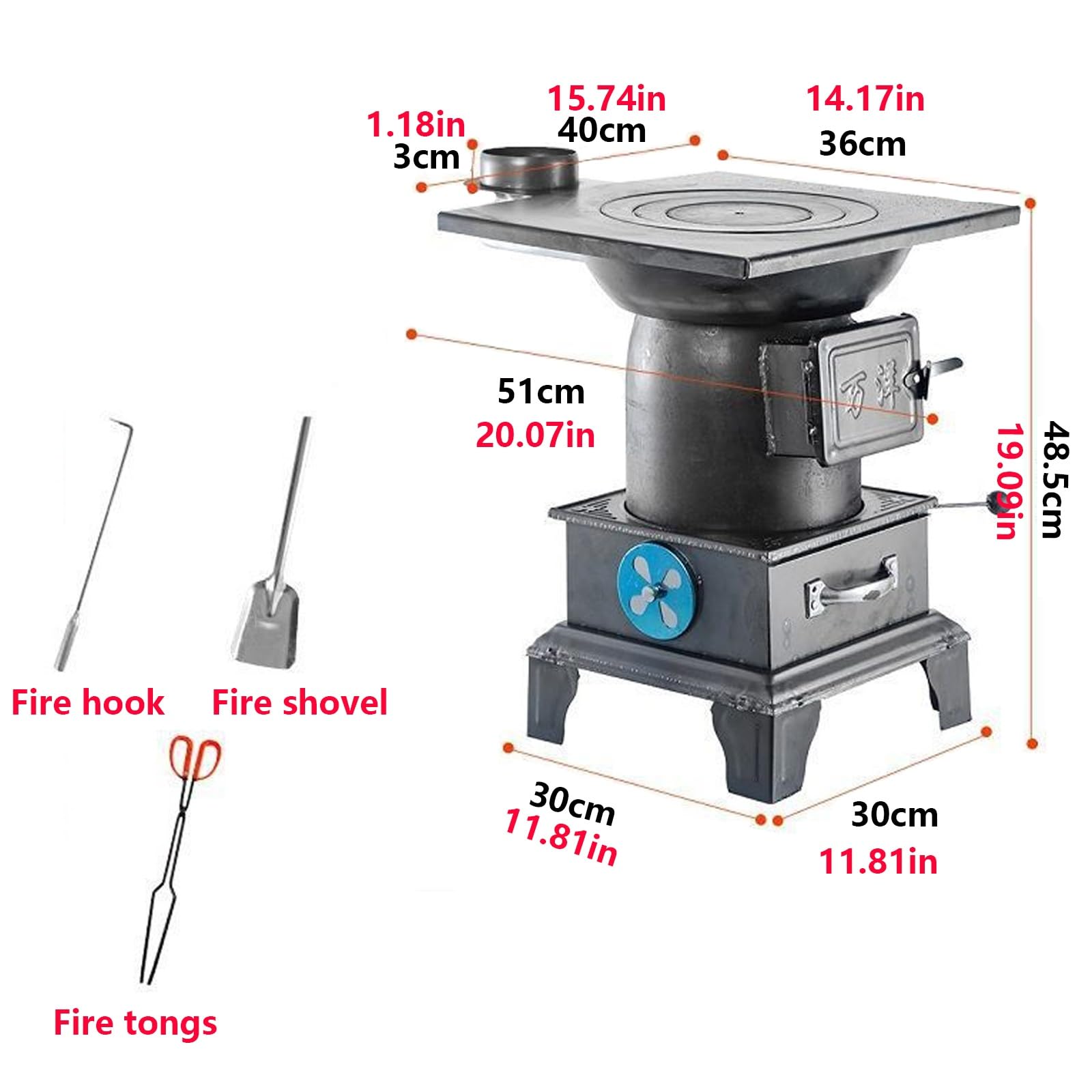 Poêle à bois d'intérieur en acier épais et fonte, chauffage à haute efficacité pour la cuisine à domicile, poêle à granulés de charbon à économie d'énergie avec tiroir à cendres (cheminée non incluse)