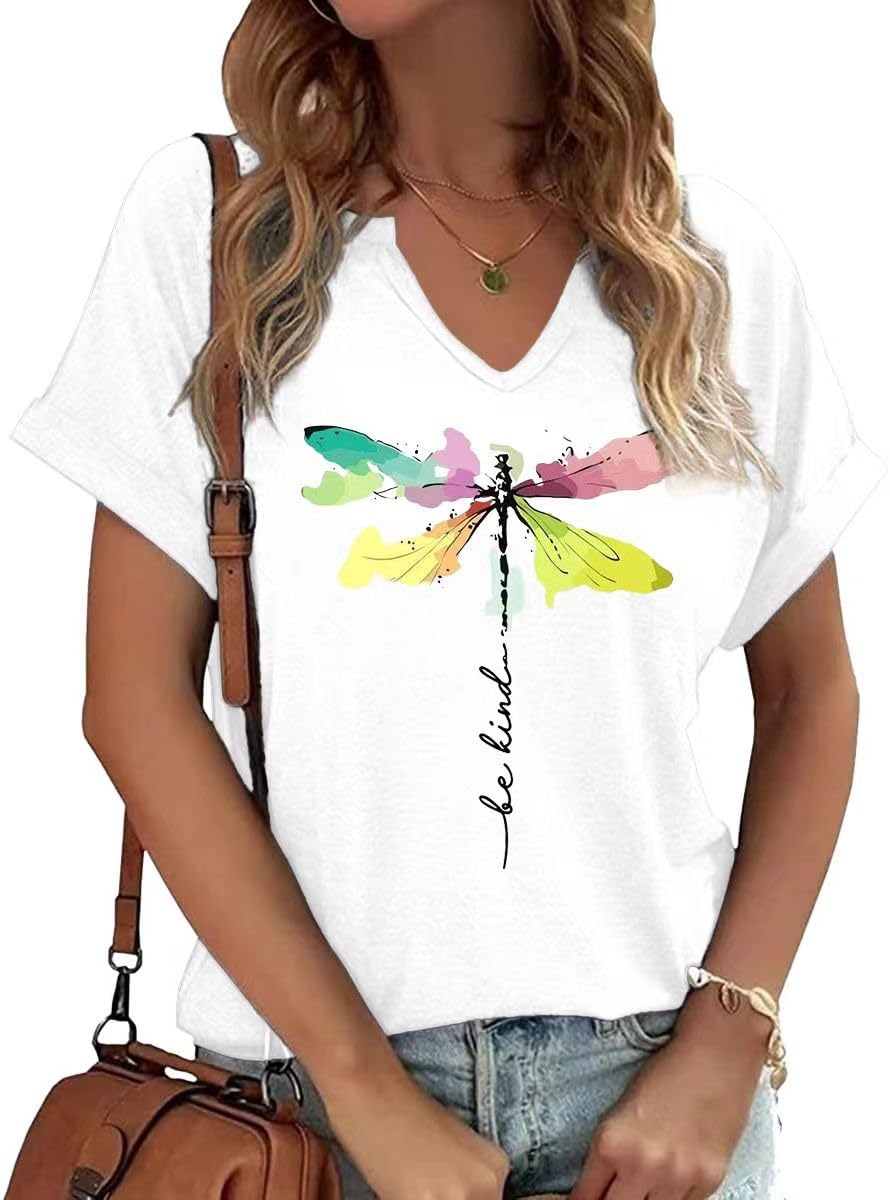 Women's Dragonfly Shirt Funny Cute Abstract Colorful Dragonfly Graphic Tees Tops for Teen Girls