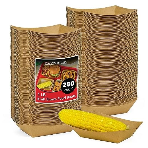Paper Food Boats (250 Pack) Disposable Brown Tray 1 Lb - Eco Friendly Brown Paper Food Tray 4" x 2" – Serving Boats for Concession Stand Food