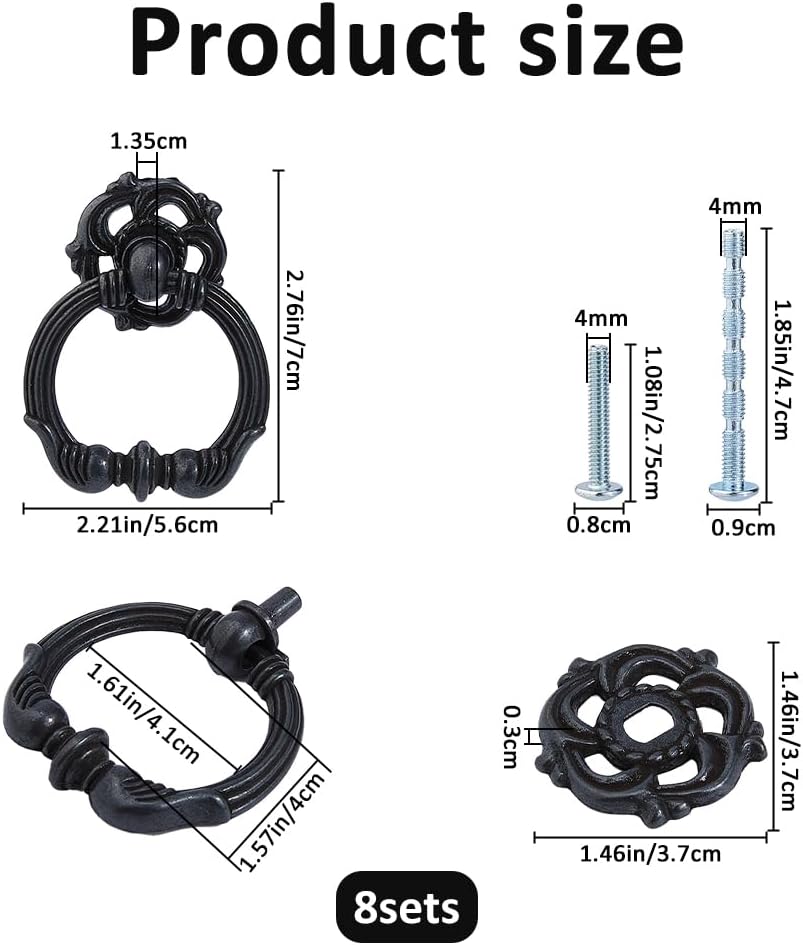 SUPERFINDINGS 8 Sets Gunmetal Vintage Cabinet Ring Handles 2.2" Width Zinc Alloy Ring Drawer Pulls Antique Kitchen Cabinet Handle Pulls Drawer Ring Pull Metal Handles for Cabinets Drawers Door