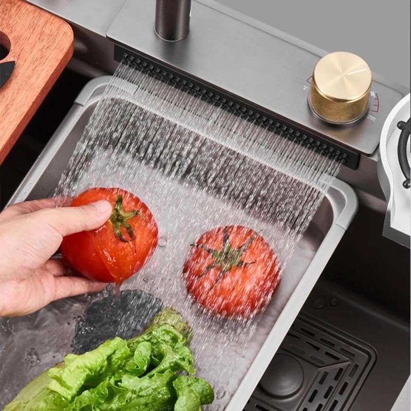 Image of EVANEX Double Bowl Kitchen Sink 37x18x9 Inch Waterfall Sink 304 Grade Stainless Steel Single Bowl Sink for Kitchen with Integrated Waterfall & Pull-down Faucet with Anti-Scratch Honeycomb Design