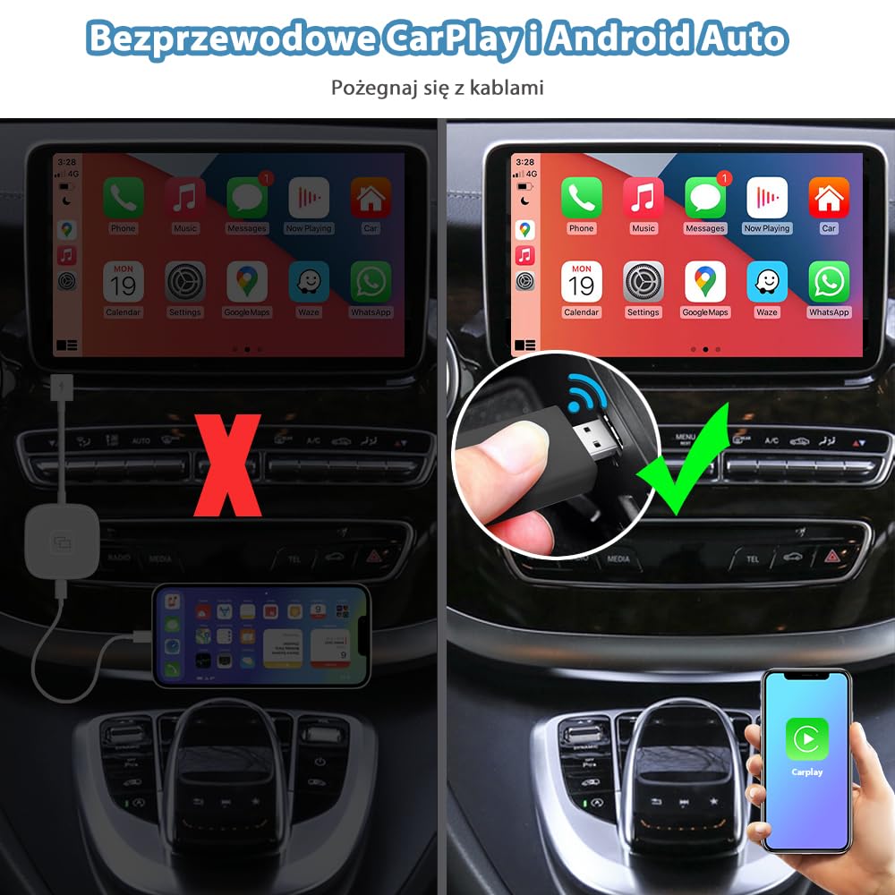 Sunweyer Bezprzewodowy Adapter CarPlay i Android Auto do Samochodów z Łącznością Przewodową | Port USB-A | Plug & Play | Automatyczne Łączenie (Niezgodny z BMW/Samochodami bez CarPlay)