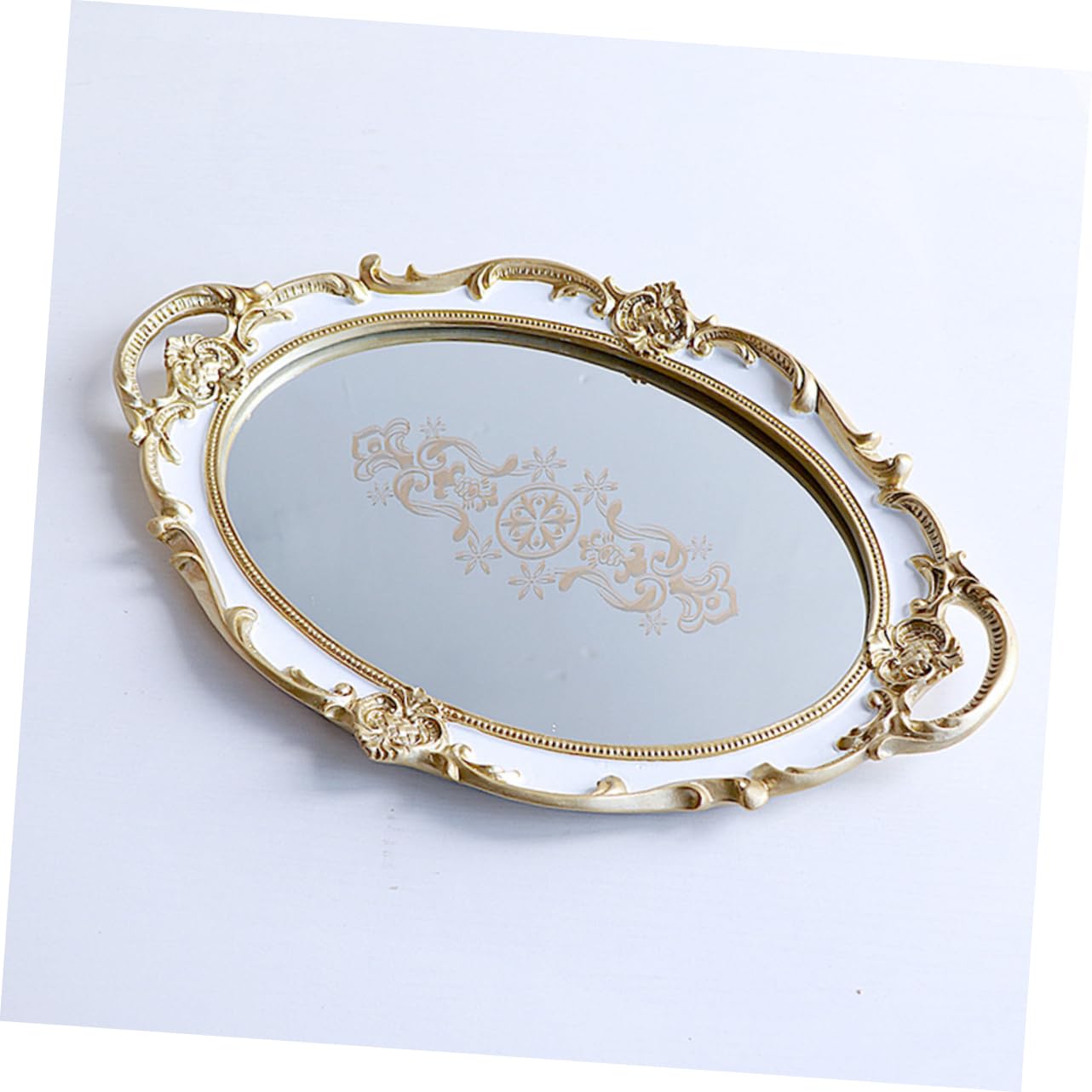 Cabilock Vassoio Decorativo Oval Storage Tray Resina Con Superficie Specchiata Porta Gioielli e Accessori Per Casa Design Floreale Bianco