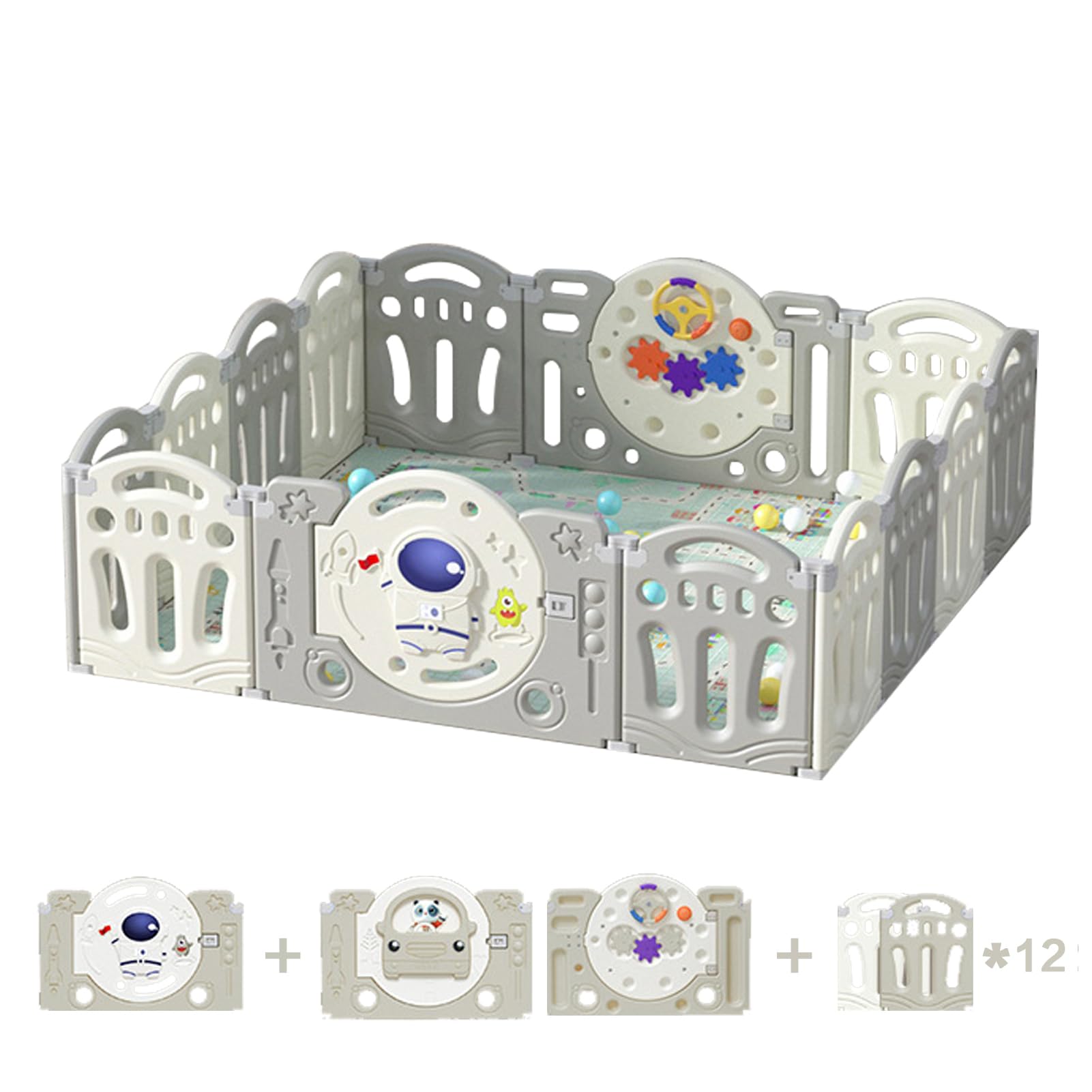 TDOO Baby Playpen for Toddler, Extra Large 60" x63" Playard with Astronaut-Themed Gate, 12+2 Panels, Grey