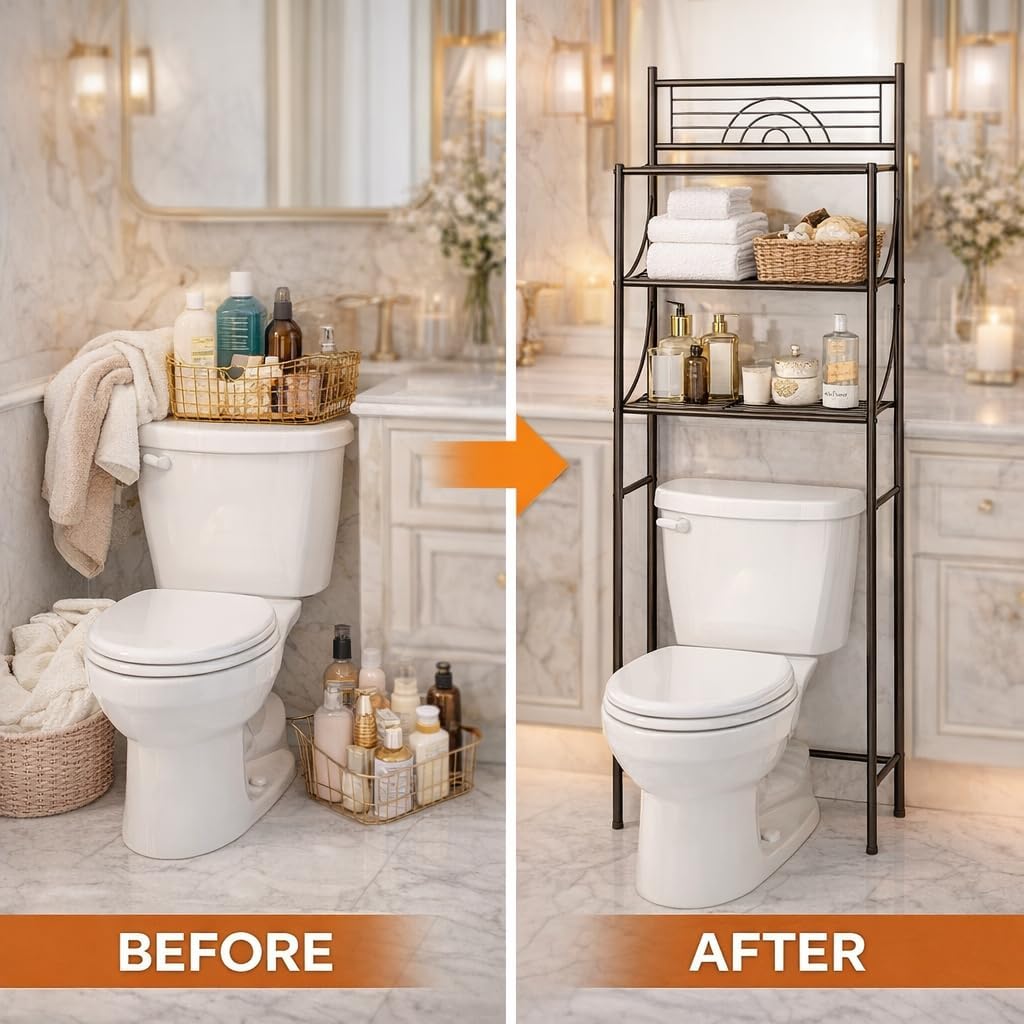 Bath Bliss 3 Tier Freestanding Bathroom Space Saver, Bronze Metal Over Toilet Storage Rack | Rust Resistant Bathroom Organizer Shelf | Space Saving Bathroom Storage for Towels & Toilet Paper