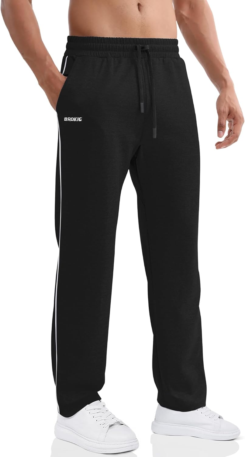BROKIG Men's Gerade Athletic Pants Workout Jogger Pants Elastic Waistband Open Bottom Loose Sweat Pants with Zip Pockets - Image 7