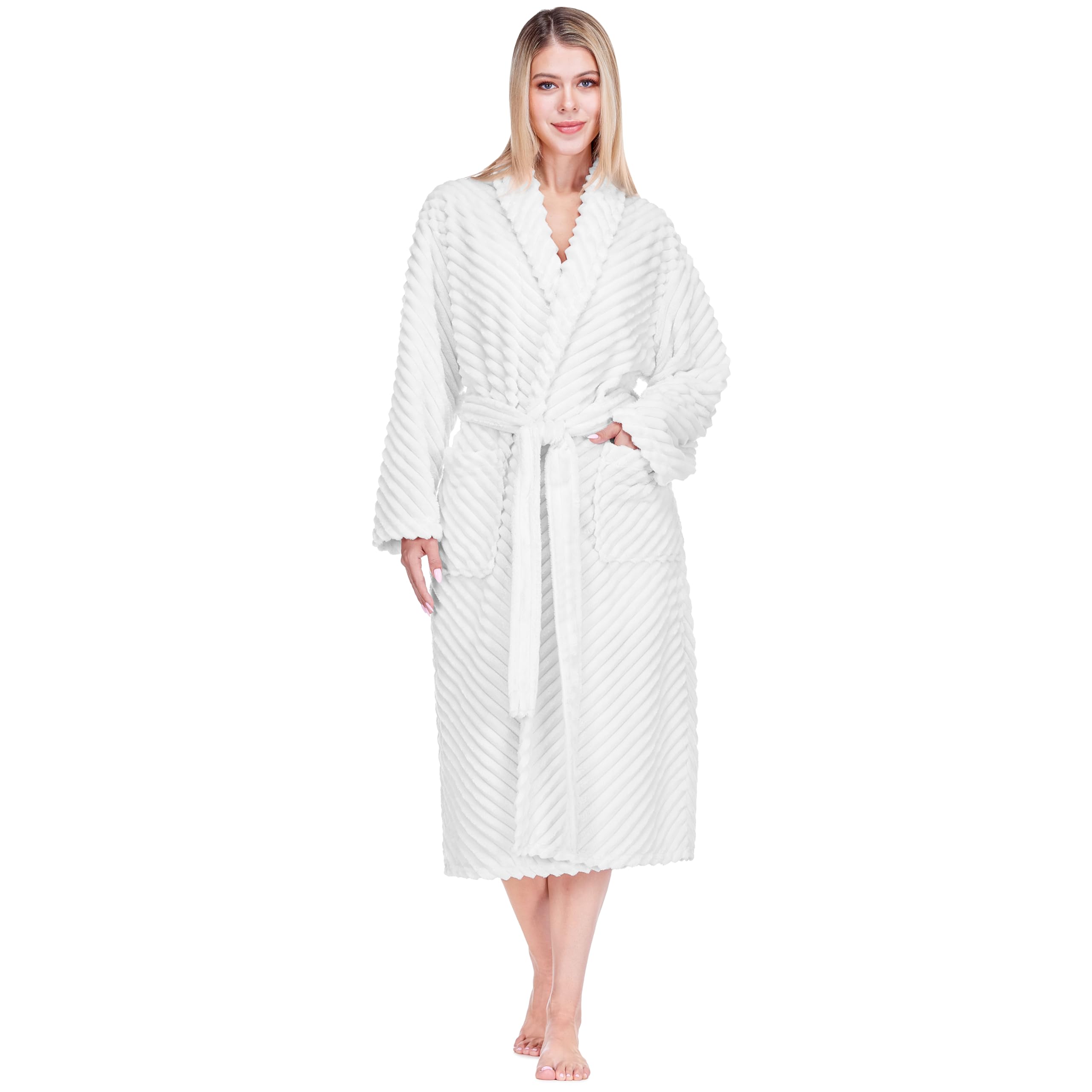 PAVILIA Super Soft Womens Robe, Fluffy Plush Fuzzy Cozy House Shower Bathrobe, Ribbed Striped Warm Fleece Long Robe for Women