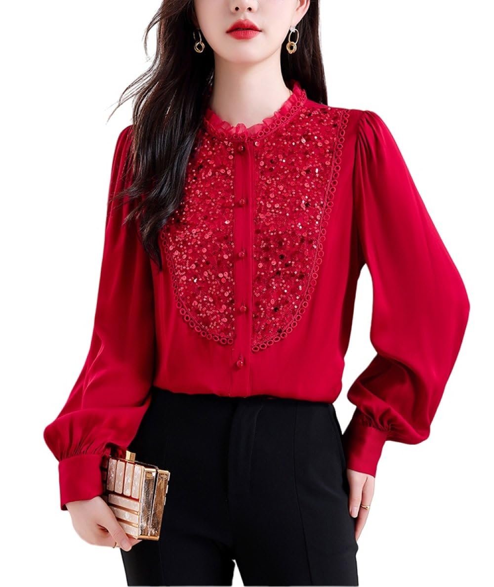 Chemises De Soirée À Manches Longues Et Paillettes Brillantes pour Femmes,Col Montant Rouge,Volants,Chemisier Boutonné,Mode Élégante,Pull Décontracté,Chemises De Travail