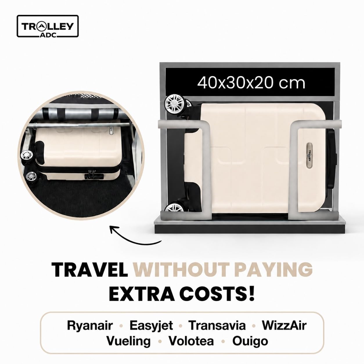 Valise Cabine Underseat 40x30x20 cm | Bagage Gratuit Ryanair, easyJet, Wizz Air, Vueling, Transavia, Volotea | Roues Amovibles | Ultra Légère 2,3 kg