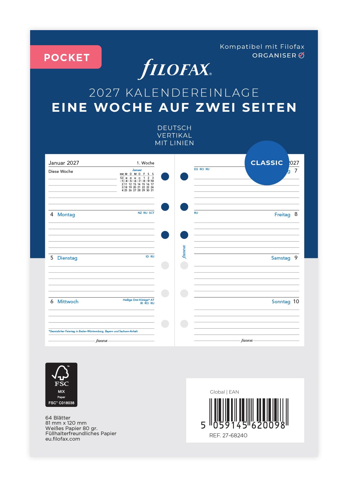 Filofax Calendar Insert Pocket 1 Week on 2 Pages Vertical German 2027