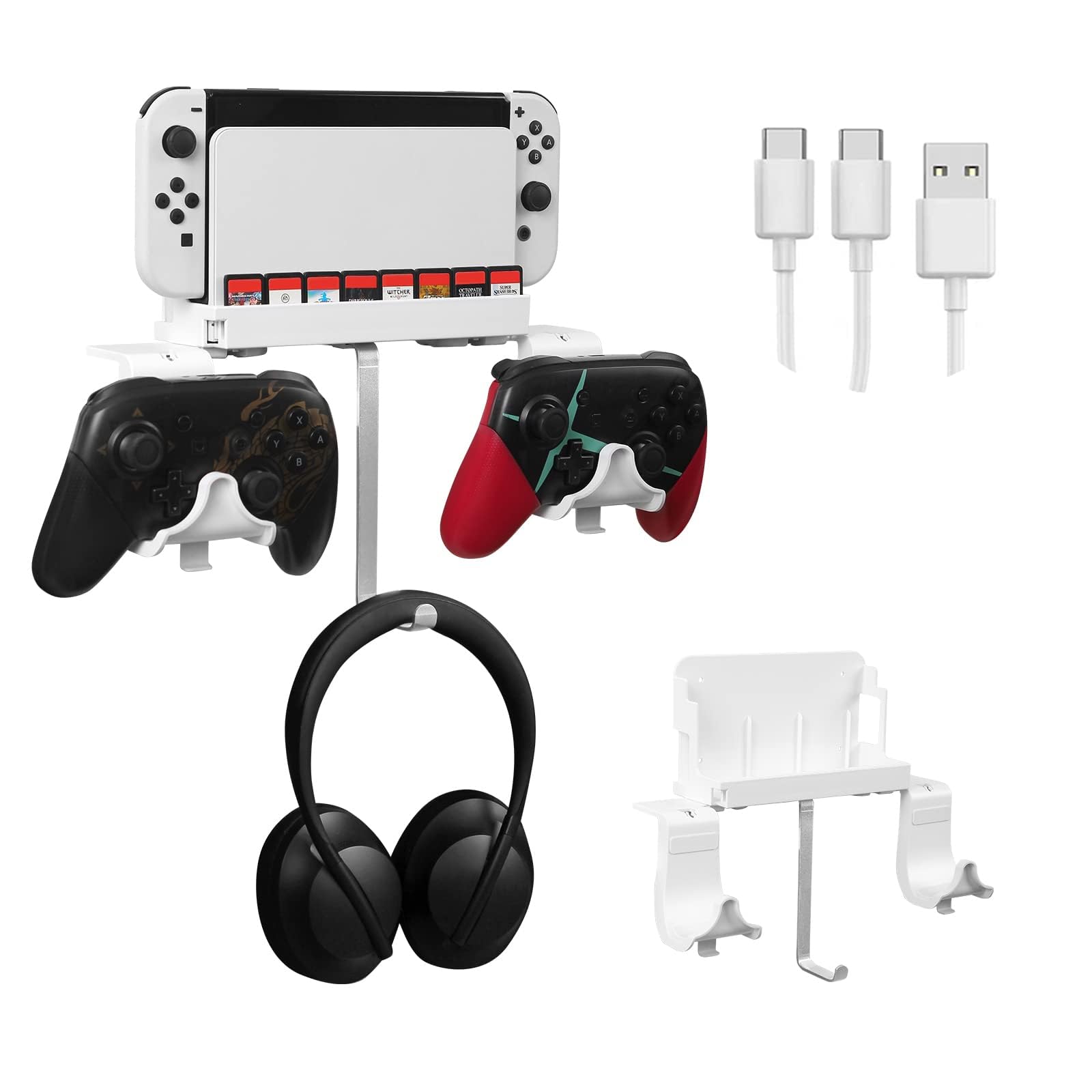Hosanwell Switch Wandhalterung, Wandhalterung für Nintendo Switch/OLED Konsole Dock mit Kopfhörerhalter Dual-Controller Halterung mit Rutschfester Matte - US