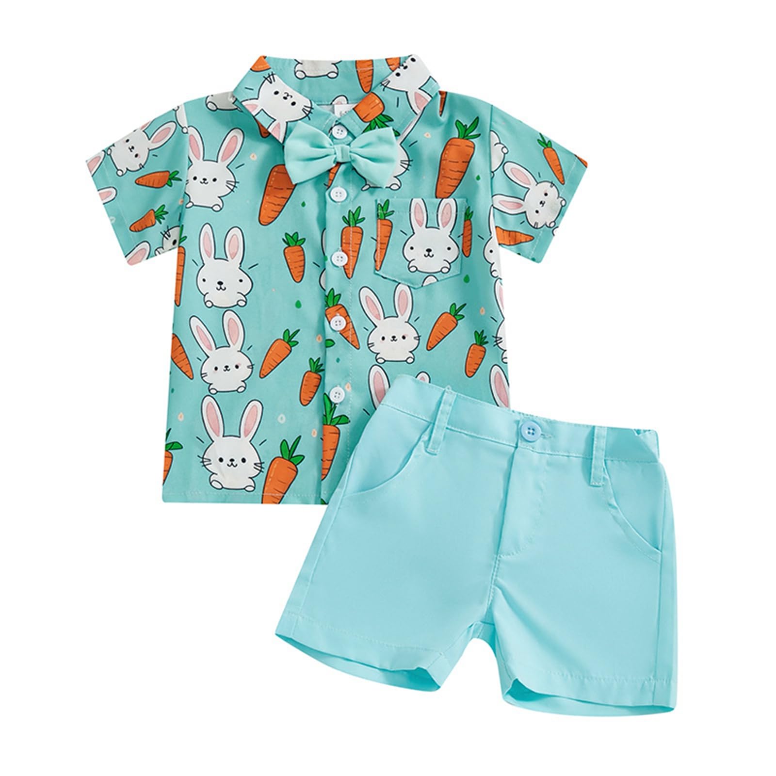 Toddler Baby Boy Bunny Easter Day Outfits Gentleman Suit Set Button Up Shirts and Suspender Shorts Rabbit Carrot Clothes (Rabbit Carrot Blue, 2-3T)